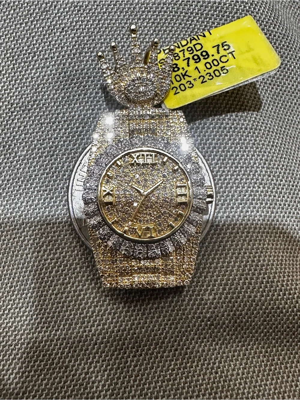 10KT Yellow Gold Watch Charm Pendant — Gold Crystal Crown Accent